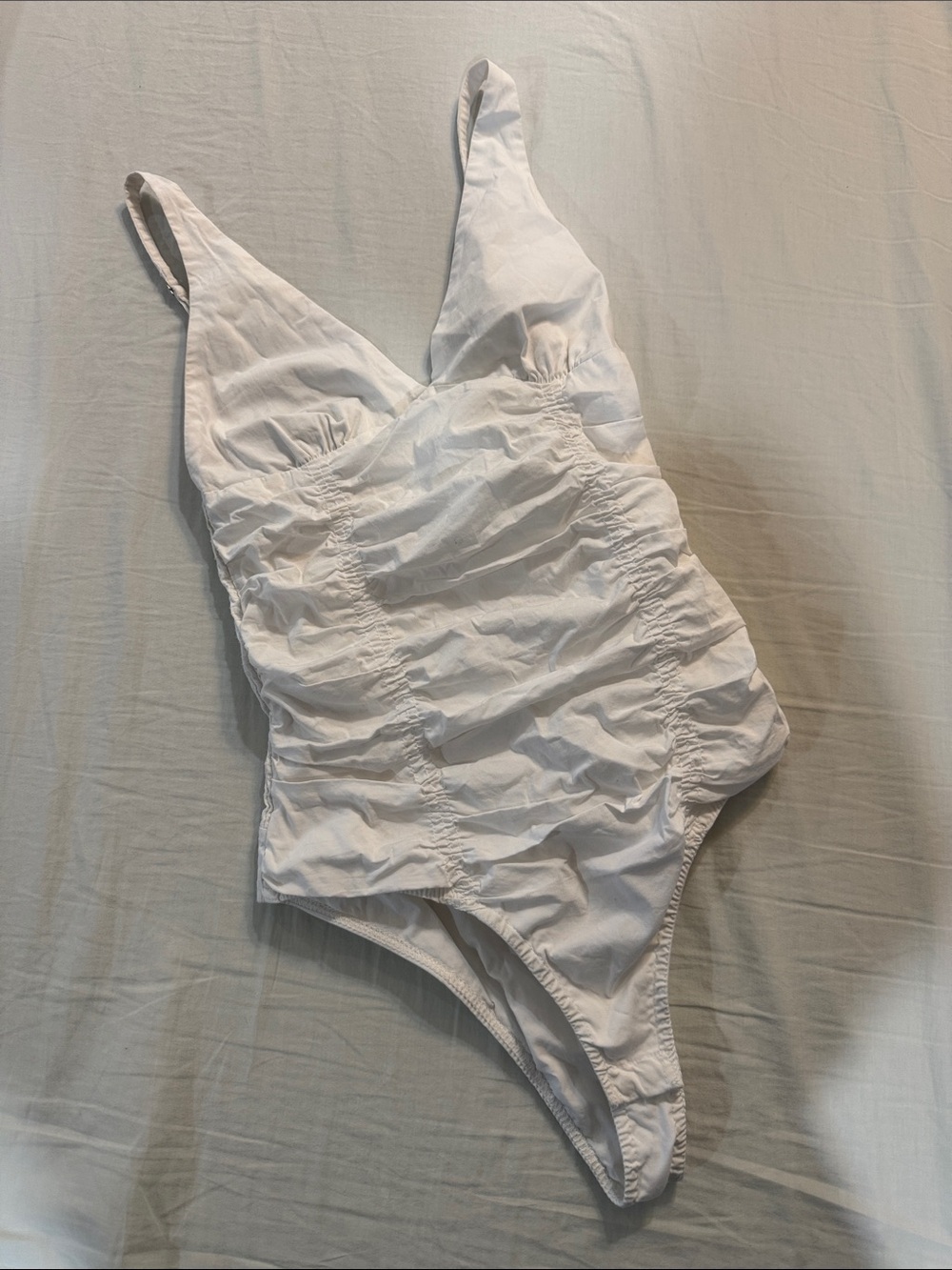 ZARA White Ruched Bodysuit with V-Neck and Adjustable Straps